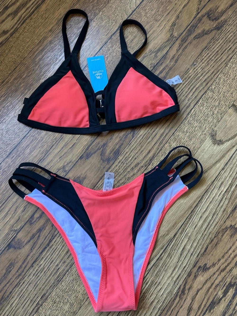 NWT CUPSHE Triangle Bikini Set in Coral and Black - Women's Swim